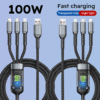 Jogrytece 2pcs 1.2m/ 4ft Nylon Braided MFi Certified 100W LED 3in 1 Digital Display USB charging cable with Type-C, Micro USB, IP Port for iPhone Samsung Huawei Xiaomi Multi Port Multiple Charging Wire