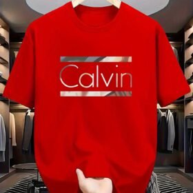 Calvin Men'S Casual Short-Sleeved T-Shirt-Navy Blue Bold CALVIN Letter Print, Glossy Finish, Regular Round Neck, Machine Washable Summer Casual Wear Essential