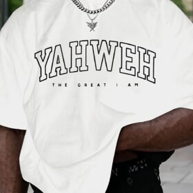 Men's Summer Yahweh Monogram T-Shirt - White with Bold Black Lettering, Round Neck, Slight Stretch, Regular Fit Casual Tee, Breathable Knit Fabric for Everyday Summer Wear, Relaxed Outfit | Bold Letter Tee | Stretchy Material