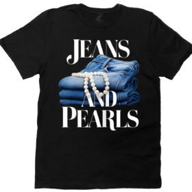 Women's Jeans & Pearls Graphic T-Shirt - 220g Heavyweight Cotton Short Sleeve Tee with Single-Sided Print, Round Neck Casual Top for All-Season Wear