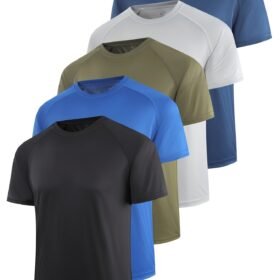 5pcs Men's Breathable Quick-Dry Athletic T-Shirts - 4-Way Stretch Gym Workout Running Tees with Drop Shoulder Design, Moisture-Wicking Regular Fit Short Sleeve Shirts for Fitness & Casual Wear (5 Colors), Workout Clothes, Round Neck Tee, Stretchable Fabric