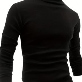 LONGBIDA Men'S Polyester Turtleneck T-Shirt, Slim Fit, Long Sleeve, Solid Color, Medium Stretch, Regular Length, Basic Style, for All-Season Pullover