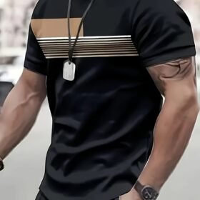 Men'S Stylish And Casual Coffee Striped Print, Including a Short-Sleeved Crew-Neck T-Shirttop Gifts for Valentine'S Day Gifts for Boyfriend And Girlfriend 220G, Pure Cotton, Heat Transfer Printed T-Shirt
