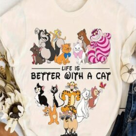 100% Cotton Disney Cat Characters T-Shirt – "Life Is Better with a Cat" Quote, Crew Neck, Short Sleeve, Beige, Ideal for Travel, Beach, Parties & Casual Wear for Adults, Beach Clothing | Playful Graphic Tee | Nontransparent Material, Cat Shirt
