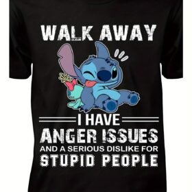 Disney Stitch "Walk Away" Graphic T-Shirt - Pure Cotton, Comfort Fit, Short Sleeve, Casual Summer Tee for Men, Black with Blue Stitch Design, Machine Washable