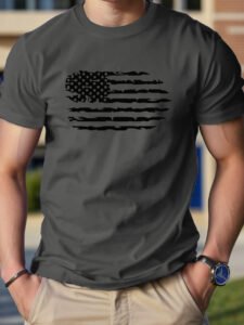 Men's Casual Cotton T-Shirt, 100% Cotton Crew Neck Tee, Loose Fit Knit Fabric, with American Flag Graphic Print, for Spring Season, Cotton T Shirts