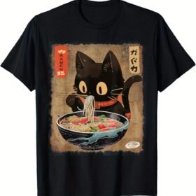 Men's 100% Cotton Cat Ramen Anime T-Shirt – Fun Kawaii Design, Soft & Comfortable Crew Neck Tee for Daily Wear, Travel, and Fitness