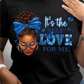 [Gentle] Women's Breathable Cotton T-Shirt - Crew Neck, Short Sleeve, A-Line with Empowering "It's The Self Love for Me" Blue Portrait & Heart Design, Casual Summer Tee, Ladies T Shirts