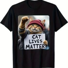 Funny Cat Graphic Cotton T-Shirt for Men - Breathable, Stretchy Crew Neck Tee with Geometric Design, Perfect for All Seasons