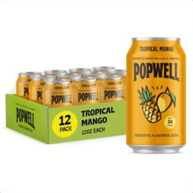 Popwell Tropical Mango BetterForYou Prebiotic Soda with 6g Fiber 1g Sugar Vitamins and Immunity port 12 fl oz Cans pack of 12