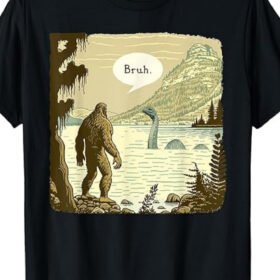 1pc Unique Sasquatch & Loch Ness Monster Print Men'S T-Shirt, 100% Cotton Fabric, Crew Neck, Short Sleeve, Regular Fit, Weekend Casual Wear, All-Season Casual Wear, 180gsm - Ideal for Valentines New Year'S Day Father'S Day Christmas