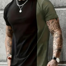 Men's Color Block Casual T-Shirt - Short Sleeve, Summer Style, Two-Tone Black & Green Design, Lightweight Polyester Fabric, Comfortable Round Neck Tee for Casual Attire