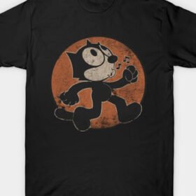 Men's Vintage Felix Cat Graphic T-Shirt - 100% Cotton, Black with Orange Retro Design, Loose Fit, Round Neck, Casual & Stylish for All Seasons, Casual Wear | Vintage Cartoon Print | Durable Knitwear